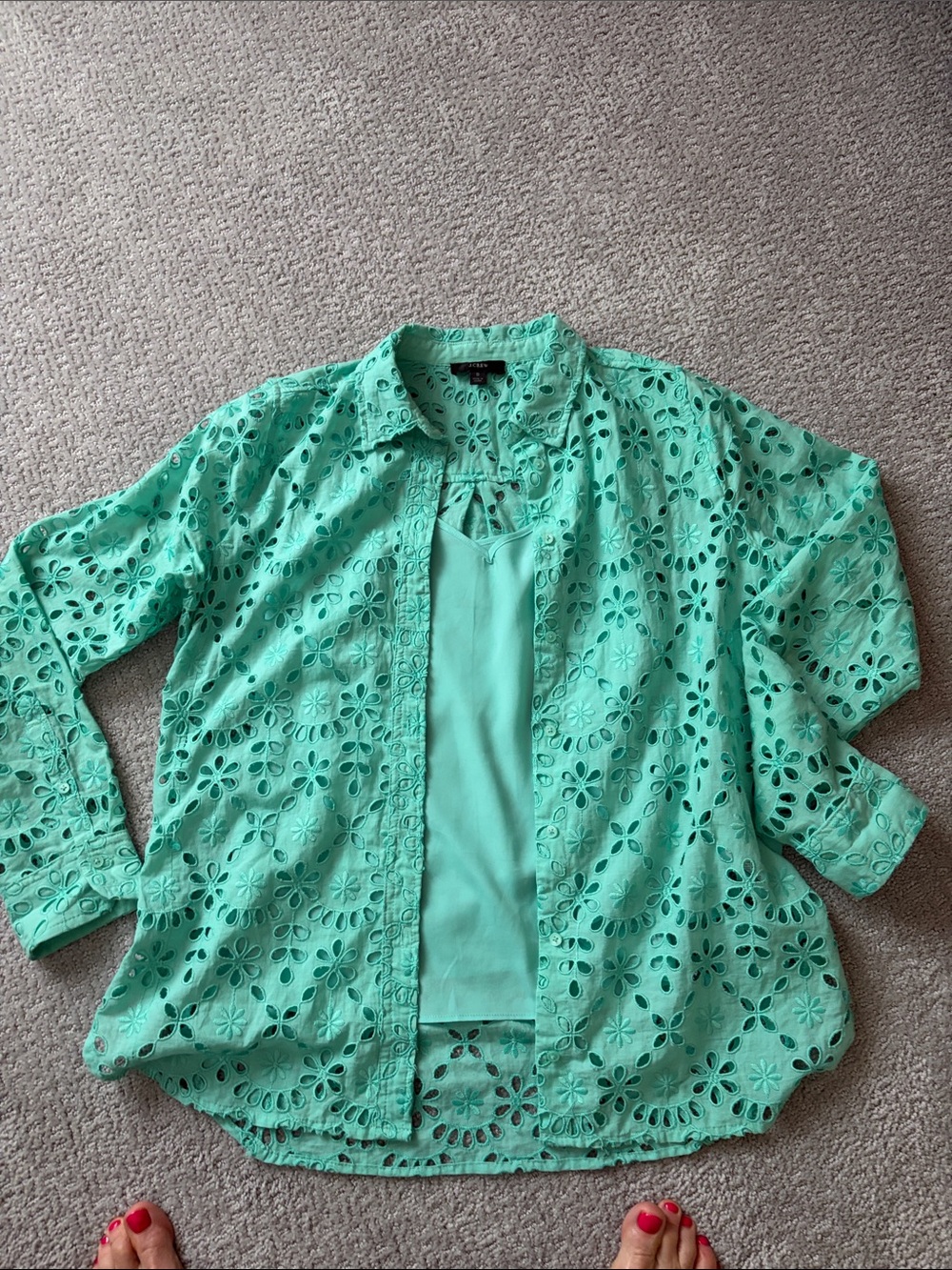 J. Crew Mint Eyelet Button-Front Blouse with Shell Top